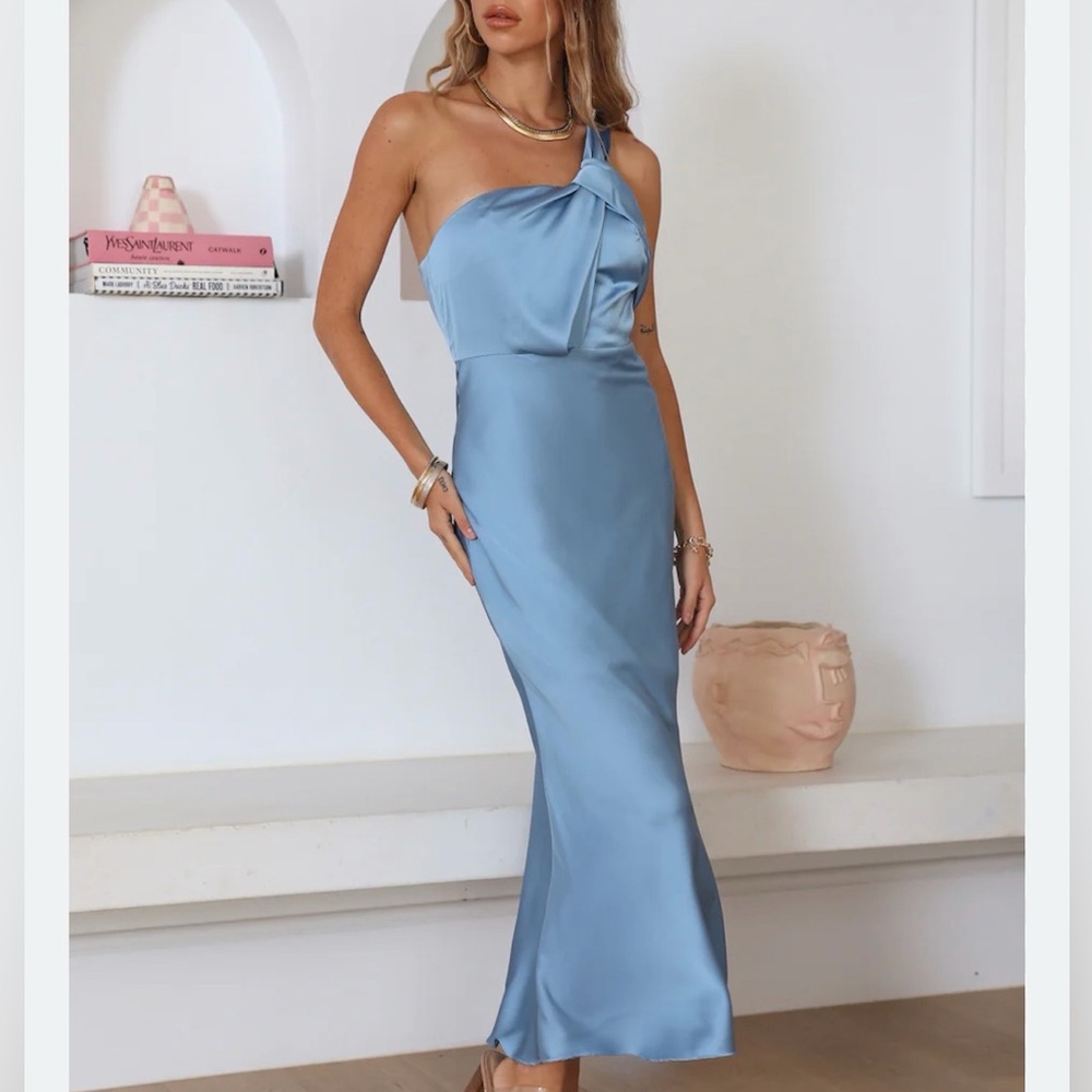 One-Shoulder Satin Maxi Dress in Sky Blue